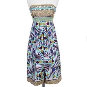 Nicole Miller Geometric Patterned Silk Strapless Dress